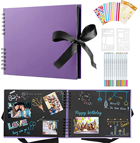 DazSpirit Photo Album Scrapbook - 80 Page DIY Memory Book with 12 Metallic Pens & 8 Photo Stickers, Holds 420 Photos - Scrapbook Kit, Perfect for Writing, Drawing, and Storing Memories(Purple)