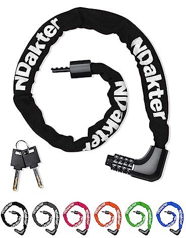 NDakter Upgrade Bike Chain Lock with 4 Digit Combination and 2 Keys, 1.64/2.3/3.2/4.28 Ft Heavy Duty Anti-Theft Bicycle Lock, 2 Ways to Unlock High Security Scooter Locks for Ebike, Escooter, Door