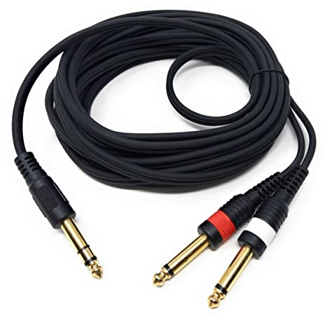 DRUT 5m 6.35mm Stereo Jack to Twin 6.35mm Mono Jacks Male to Male TRS Cable | 16.5ft Gold Connectors