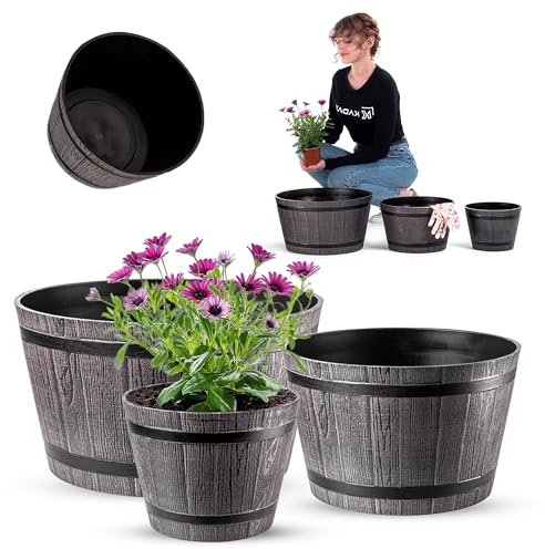 KADAX Set med 3 växtkrukor i träfatsdesign, ø 23 cm + 30 cm + 40 cm, tillverkad av väderbeständig plast, för trädgård, terrass och balkong, dekorativ blomkruka, brun, damm med vattenhink