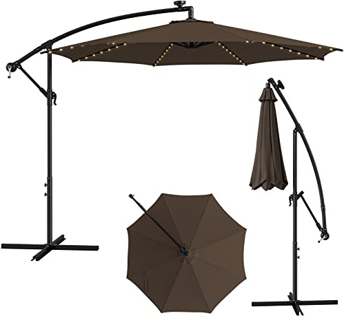 COSTWAY Sombrilla Inclinable Terraza Exterior Ø300 cm con Luces Solares LED 112, Parasol Excéntrico con Soporte, Manivela, 8 Costillas, Protección UV, para Piscina, Jardin, Playa (café)