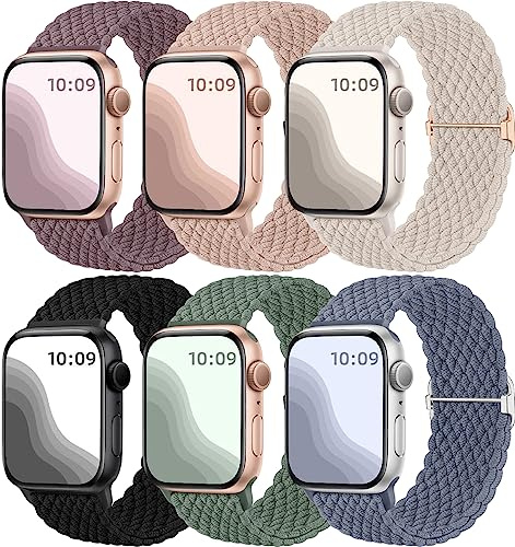 Maledan 6-pack flätat klockarmband som är kompatibelt med Apple Watch-remmar 40 mm, 38 mm, 41 mm, 42 mm, för kvinnor, män, justerbar nylon, stretchigt, elastiskt sportband för iWatch SE, Series 10, 9,