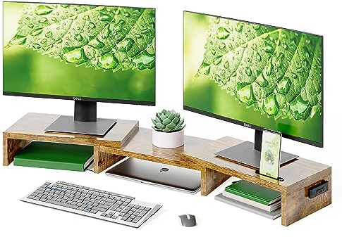 BONTEC Dual Monitor Stand Riser, Desktop Monitor Stand with Smartphone Holder, Adjustable Length & Swivel Angle Wooden Desktop Organizer Stand PC Riser for PC Monitor Laptop Printer, Rustic Brown
