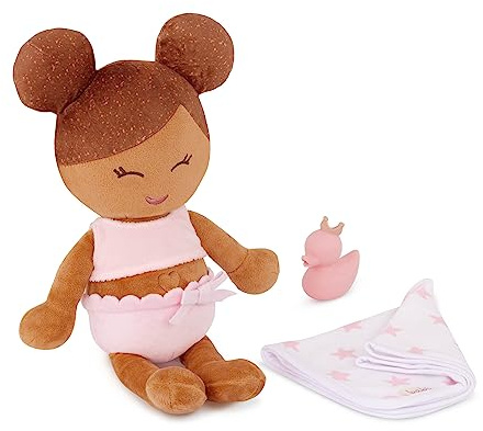 LullaBaby Plüsch-Baby-Badepuppe, 36 cm, weicher Körper fürs Bad | Weiche Badewannenpuppe mit Oberteil, Handtuch mit Sternenmuster und rosa Badeente für Wasserspiel in der Wanne, 2+ Jahre