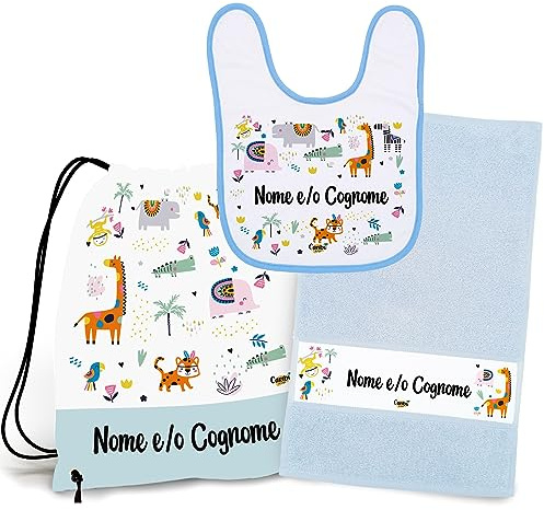 Caribu design Set Asilo Personalizzato con Nome per Bimbo Bimba Sacca + Bavaglino + Asciugamano per Asilo Nido Scuola Materna Maschio Femmina (Animali Esotici)