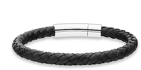 Miabella Genuine Italian Braided Leather Bracelet for Men, Stainless Steel Clasp, Made in Italy (Black, Medium - 8 Length)