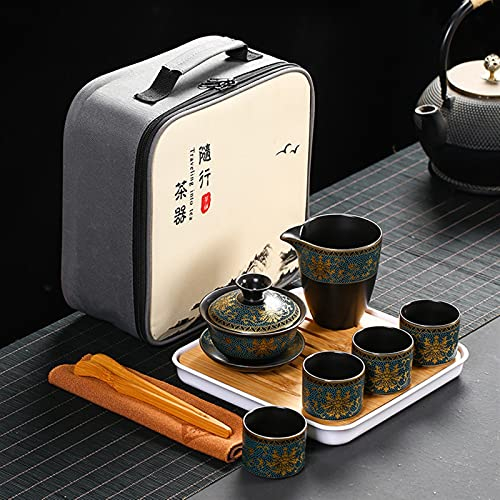 Ensemble de thé de voyage portable, ensemble de théière en céramique chinois infuseur de théière en céramique fait à la main ensemble de thé Kungfu avec sac de rangement beige soupière 9 ensemble