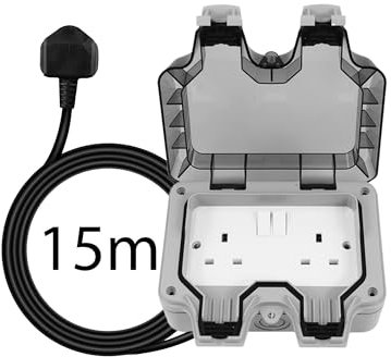 Shine Planet Weatherproof Double Outdoor Socket - IP66 Waterproof Outside Garden Extension Lead Box - Switched Wall Electrical Outlet 13Amp 2 Gang Power Socket 3-20M (15M)