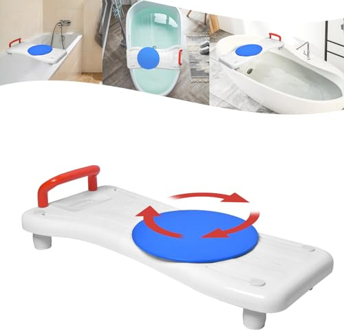 YARDIN Badewannenbrett Badewannensitz Senioren mit 360º Drehscheibe und Rot Griff, Einstellbar Wannensitz PP-Material Sitzbrett für Badewanne mit Seifenablage für Erwachsene bis 150kg
