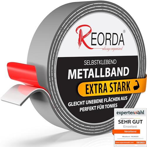 REORDA® Metallband selbstklebend Grau - Ideal für Tonies®-Figuren & -Regale (EXTRA STARK) - Magnetband für Magnete I Ferroband I Magnetband selbstklebend I Eisenband