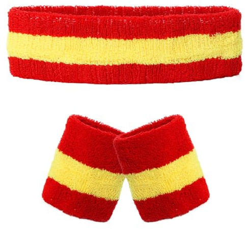 3-Set Schweißbänder Stirnband Armbänder Retro neon 80er 90er Outfit Sport Karneval Accessoires (Rot Gelb Rot)