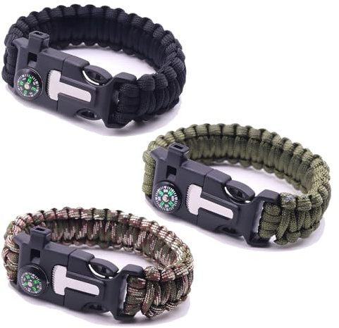 VireEyU Überlebensarmband | Multifunktionales Überlebensarmband | Schnalle, Kompass, Rettungsschwimmerpfeife, 5 in 1 Sportcamping Outdoor-Aktivitäten (3 Stück, schwarz + grün+Tarnung)
