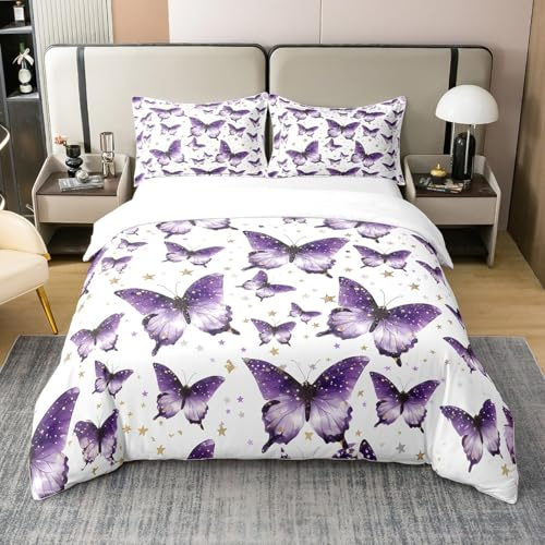 Coton Violet Papillon Housse de Couette 220x240,Style Romantique Étoiles Brillantes Parure de Lit,Mignon Animal Papillon Imprimé Literie,Ensemble de Linge de Lit pour Filles,Femmes Adolescents