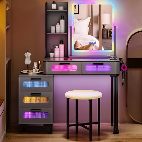 Gurexl Schminktisch mit Spiegel, RGB LED Schminktisch mit Hocker Beleuchtung Schubladen Glasplatte 5 Schubladen, Haartrocknerständer USB Type-C Grau