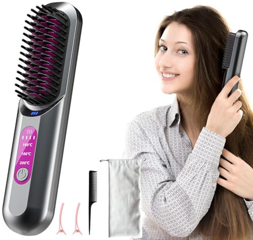 Ninnyi Cordless Hair Straightener Brush, 5000mAh USB Rechargeable Portable Negative Ion Hair Straightener Styling Comb for Women