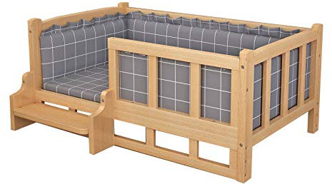 Cama elevada para perros con escaleras, marco de madera, sofá para mascotas y colchón suave lavable para perros pequeños, para interiores y exteriores, sofá para perros (gris, pequeño)