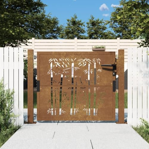 Tidyard Gartentor Zauntor Tor Außentor Eingangstor Zauntür Gartentür Hoftor Metallzaun Hoftür Gartenzaun Tor Tür Stahltor Gartenpforte Einfahrtstor Metalltor 105x80 cm Cortenstahl Bambus-Design