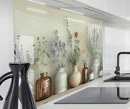timalo Spritzschutz Wand für Herd, Küche Küchenrückwand Glasoptik | Acryl Glas 2mm | Glasrückwand Acrylglas Wandpaneele Rückwandschutz Platte | 60x52cm Vintage Trockenblumen Gewürze Lavendel