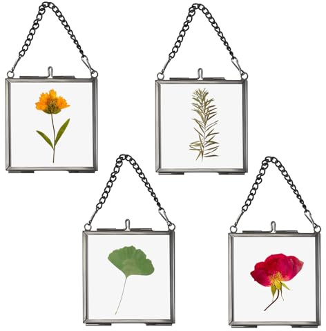 SUMTree Juego de 4 marcos de fotos colgantes de cristal negro, marco de fotos de cristal flotante con cadena para mini fotos de árbol genealógico, galería, arte de pared, flores prensadas, collage