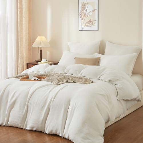 Boqingzhu Doppelte Muslin Bettwäsche 200×220 cm Weiß Baumwolle – Temperaturregulierend Atmungsaktiv Weich– Winter Sommer Bettbezug mit Reißverschluss & 2X Kissenbezug 80x80