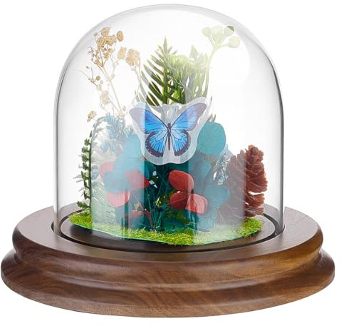 PH PandaHall Exhibición de cúpula de cristal transparente de 4 x 4 pulgadas con base de nogal, mini vitrina de cristal de estilo vintage, soporte de campana para reloj, joyas, miniaturas, figuras