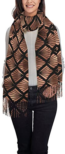 Poadnly Roségoldene Art-Deco-Fächer auf Schwarz, Großer weicher Kaschmir-Schal, Wickelschal, Fransenschal, leichte Stola, 197 x 72 cm