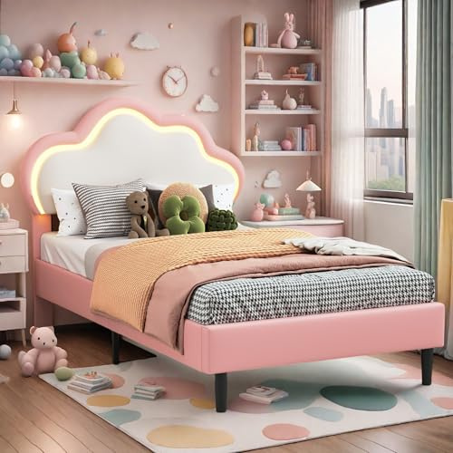 DAHUEN Kinderbett Einzelbett 90x200, Polsterbett für Mädchen mit LED-Beleuchtung, Wolkenförmiges Kopfteil mit Verstellbarer Höhe, Prinzessinnenbett Rosa Bettgestell, PU