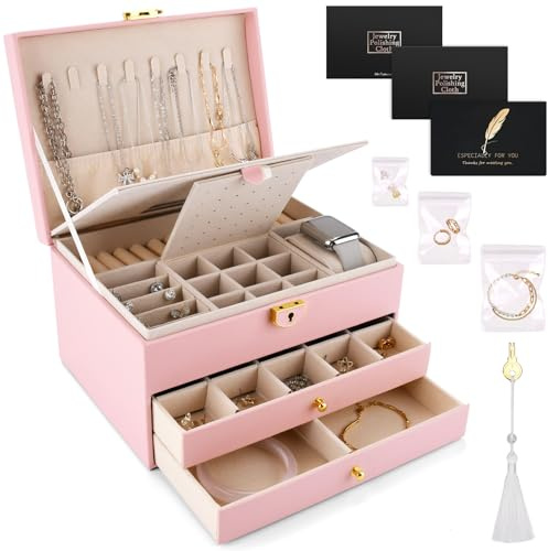 ZUSUZU Caja Joyero de 3 Niveles,Grande Joyero Viaje Cajones Niña,Joyeros Mujer Organizador,Joyero de terciopelo,con cerradura y llave,para Pulseras,Pendientes,Anillos,Collares,Relojes,Blanco（rosa）