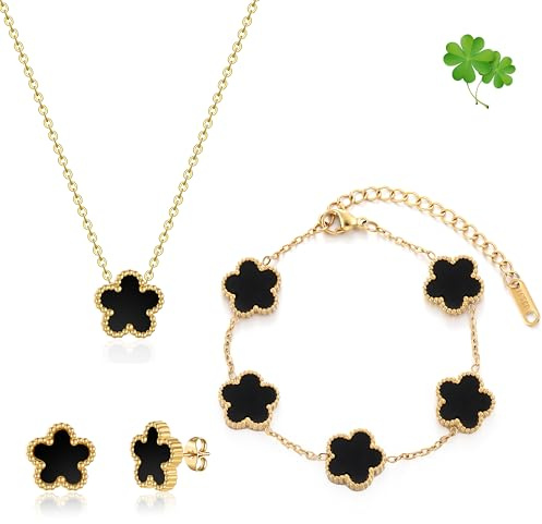 FUNIO Kleeblatt Schmuck Set für Damen - 18 Karat Gold Link Armband Armreif Glücksarmband Halskette Ohrringe Schmuck Geschenk für Damen (Schwarz)