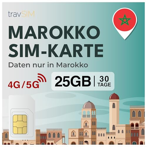travSIM Marocko SIM-kort | 30 dagar – 25 GB SIM-data | 5G/4G höghastighetsdata | Obegränsad internetåtkomst för Google, Facebook, Whatsapp, Instagram med mera