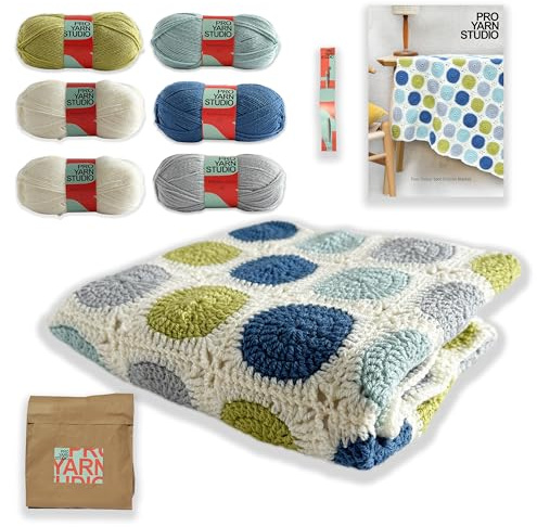 Four Colour Spot Granny Square Blanket Crochet Kit for Adults with Everything Included, Yarn, Crochet Hook and Easy to Follow Pattern. Suitable for Beginners.