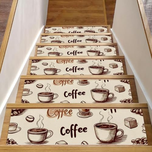 Luoweisi Tappetini per scale in legno, motivo caffè, confezione da 15 pezzi, 76,2 x 20,3 cm, antiscivolo, per interni, per cani, bambini, anziani, con adesivo riutilizzabile