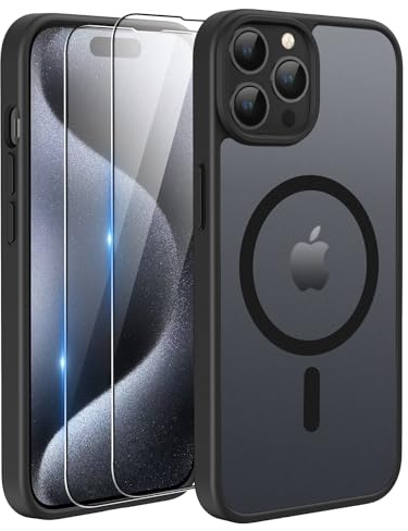 TQIAHF Magnetic Phone Case Cover for iPhone 15 Pro,Black | with 2 Tempered Glass Screen Protector Compatible with MagSafe Military Grade Shockproof Protective Slim Translucent Matte