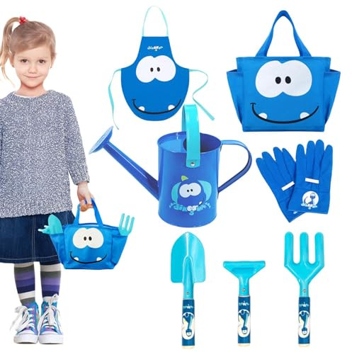 Kinder-Garten-Set, Pflanzharke, Gießkanne – 7-teiliges Kinder-Gartenwerkzeug, für 3–8 Jahre, Kinder, Hof, Bauernhof, Kindergarten, Balkon, Blume, Rasen