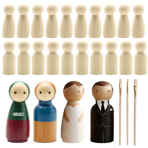 SPOKKI 24 Pcs Unfinished Wooden Peg Dolls, Plain Wooden Pegs 65mm, Natural Unpainted Wooden People Figures Female Male for DIY Crafts Carved Birthday Decoration Family Games Art Projects