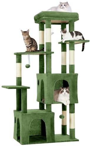 GarveeHome Torre Rascadora para Gatos Grandes - Árbol De 156 cm con 7 Postes De Sisal Natural, Plataforma Extra Grande y 2 Casas, Estructura Robusta para Maine Coon y Gatos Pesados - Verde