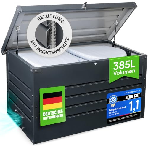 Hortus Home Auflagenbox [Wasserdicht] 385L Metall Gartenbox Kissenbox Outdoor Belüftet für Terrasse Garten Balkon Polsteraufbewahrung Wetterfest Abschließbar XXL Gartentruhe