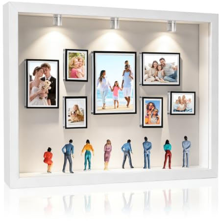 DIY Mini Museum Silhouette Box, 3D Miniature Figuren Museum Bilderrahmen mit 7 Mini-Rahmen 8 Miniatur Menschen 3 LED-Licht, Holzrahmen Weiß für Geburtstag Jahrestag Abschluss Valentinstag