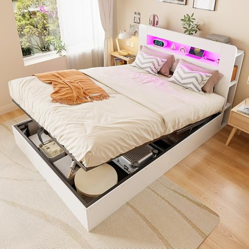 Kebnor Estructura de cama de madera con espacio de almacenamiento en el cabecero con iluminación LED, enchufes integrados, moderna plataforma en color blanco con sistema de elevación hidráulica, 140 x
