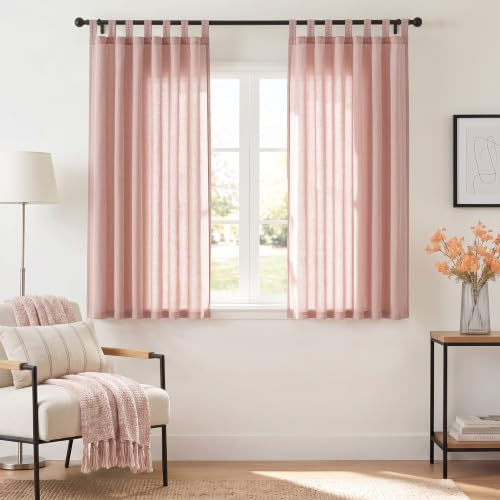 TOPICK Gardinen mit Schlaufen Leinenoptik Vorhänge 2er Set Rosa H145xB140 | Lichtdurchlässig Gardinen Wohnzimmer boho landhausstil blickdicht Vorhänge Schlafzimmer Curtains Living Room fenstervorhang
