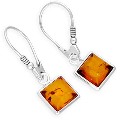 Boucles d'Oreilles Carré en Argent 925/1000 et Ambre