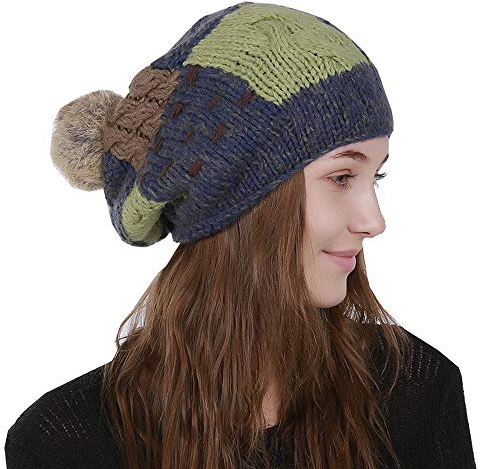 Cheerlife Damen Bommelmütze Mischfarben Strickmütze warme Gestrickte Wollmütze Herbst Winter Beanie (Blau)