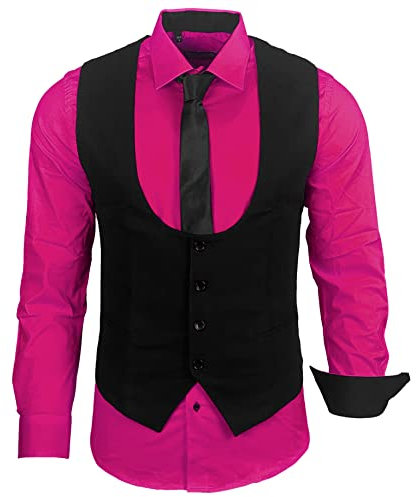 Subliminal Mode - Planchado fácil Chaleco + Camisa + corbata para hombre Cuello liso Manga Larga Corte Slim Business, Idea de regalo RN22, rosa fucsia, S