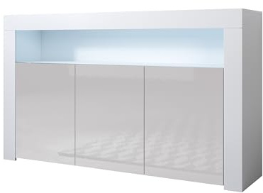 MB Muebles Bonitos | Modernes Sideboard | Breite 155 x Höhe 91,5 x Tiefe 37 cm | Glänzendes Melamin | Weiß und Grau | Wohnzimmer TV-Lowboard | Modell Aker