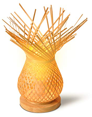 BarcelonaLED - Lampe de table vintage - Abat-jour en rotin, bambou tressé et rustique - Base en bois avec douille E27 - LED pour chevet de lit, chambre, salon, bureau, table de chevet