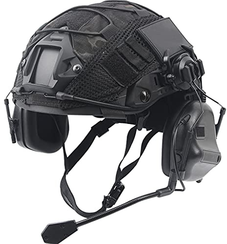 Ensemble de Casque Rapide, Équipement de Protection Style Militaire avec écouteur Tactique et Couvercle Casque, pour La Chasse en Plein Air Airsoft Paintball,Noir,L