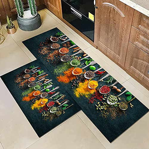 GUBIYU Küchenteppich mit Kräutern, Gewürzen, Küchenmatte, Badematte, Bodenmatte, rutschfeste Fußmatte, weicher Läufer, Heimdekoration, Matten für Küchenboden, 45 x 74 cm + 45 x 150 cm
