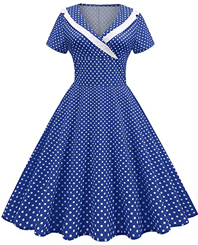 IWEMEK Women 1950s Vintage Retro Rockabilly Dress Lapel V-Neck Slim A-line 50s 60s Pinup Audrey Hepburn Style Polka Dot Swing Dresses Summer Casual Pageant Party Cocktail Evening Gown Blue XL