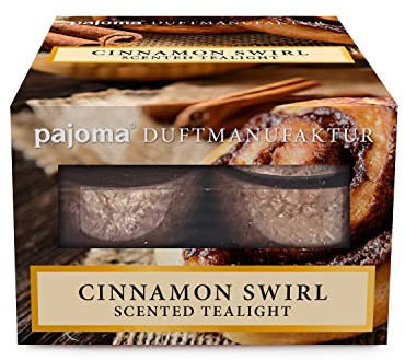 pajoma® Duftteelichte 12 Stück, Cinnamon Swirl | mit Stearinsäure-Wachs in Polycarbonathülle | Brenndauer ca. 3 Stunden - Höhe 1,5 cm ø 3,5 cm | Premium Qualität | Deko, Gastronomie, Outdoor