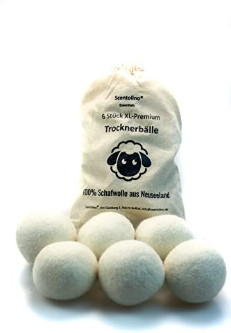 Scentolino XXL Trocknerbälle für Wäschetrockner 6er Set - Trocknerkugeln 100% neuseeländische Schafwolle + 10ml Ätherisches Öl